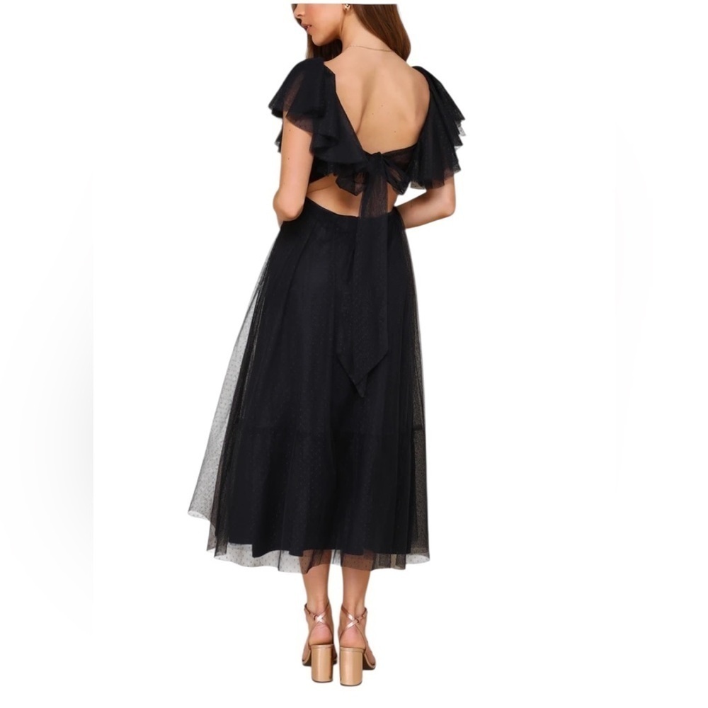 Lulus NWT Scotch Polka Dot Midnight Navy Blue Open Back Bow Ruffle Midi Dress M